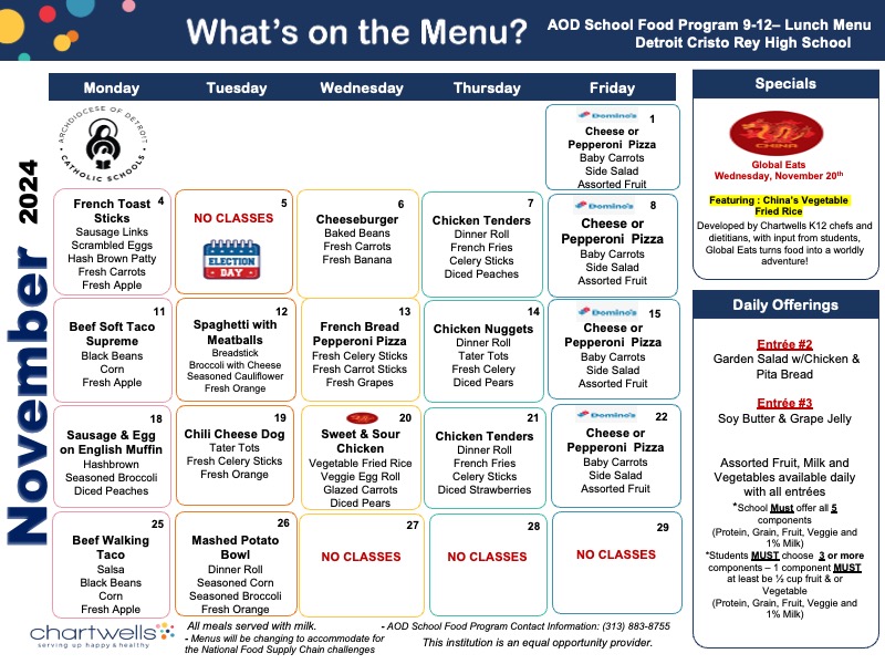 DCR High School November 2024 Food Service Menu